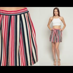 70s Mini Skirt Striped High Waist PLEATED Red White Blue Cheerleader Vintage xs